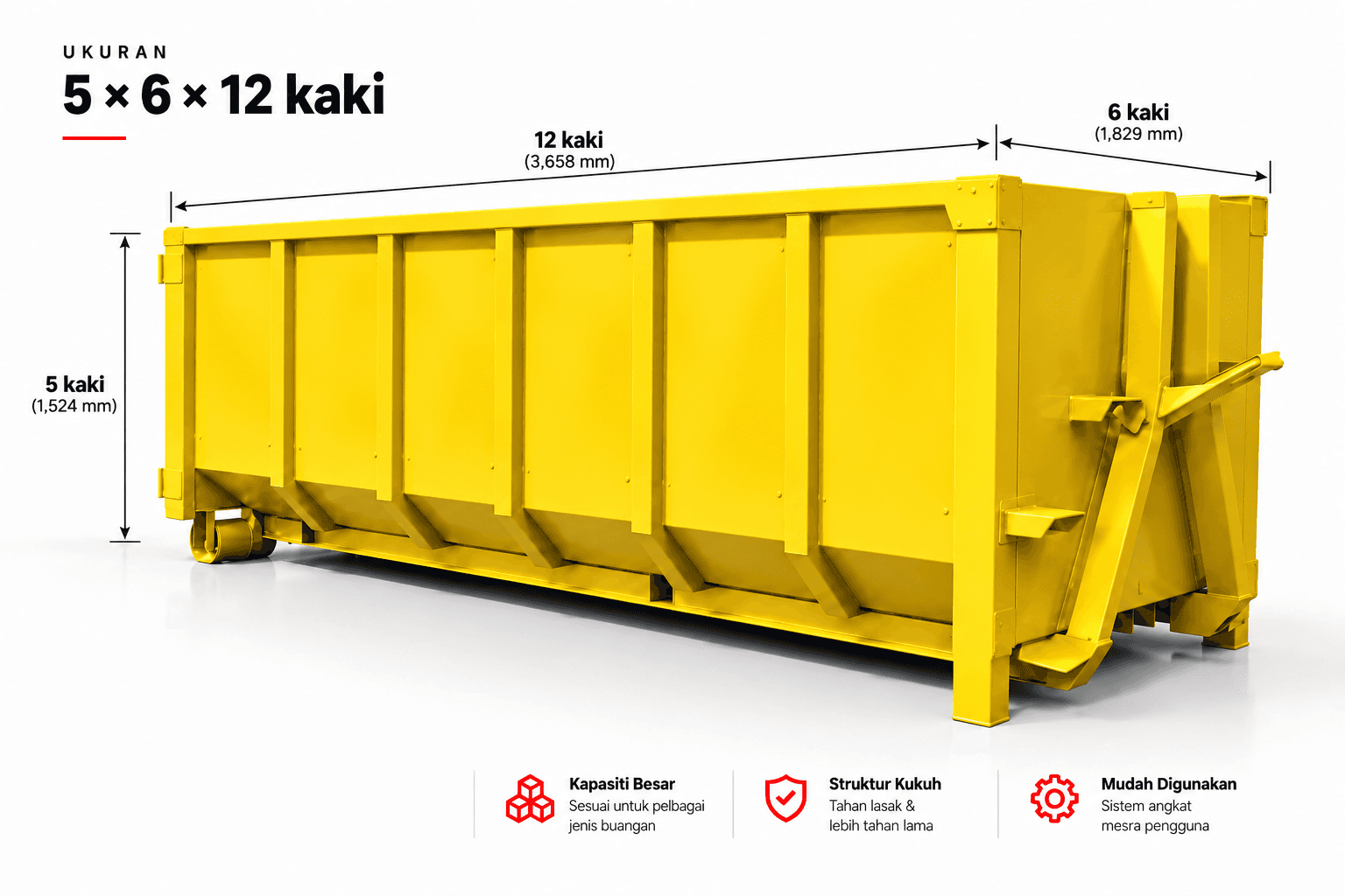 Rajah teknikal tong roro besar: 5 × 6 × 12 kaki, muatan lebih kurang 10 meter padu