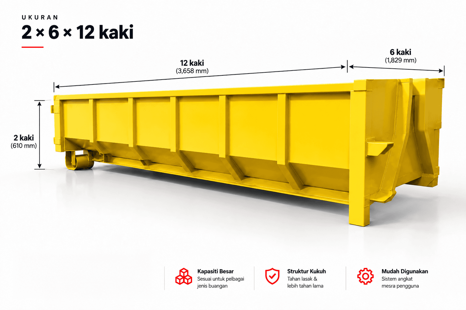 Rajah teknikal tong roro kecil: 2 × 6 × 12 kaki, muatan lebih kurang 4 meter padu