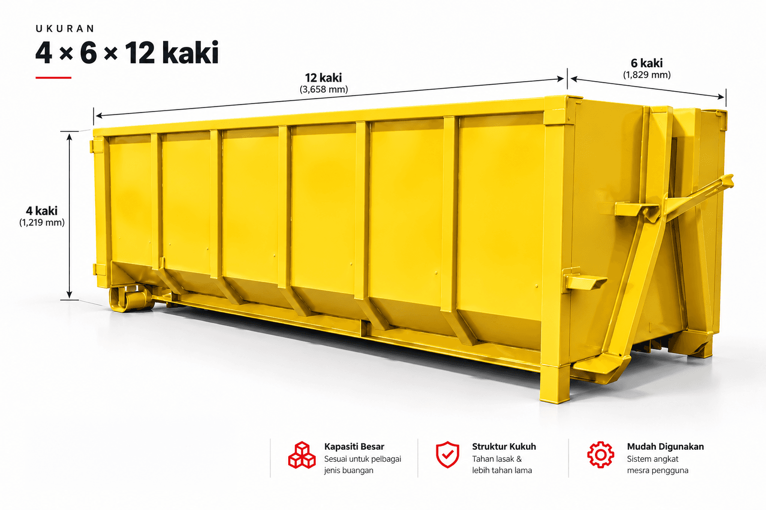 Rajah teknikal tong roro sederhana: 4 × 6 × 12 kaki, muatan lebih kurang 8 meter padu